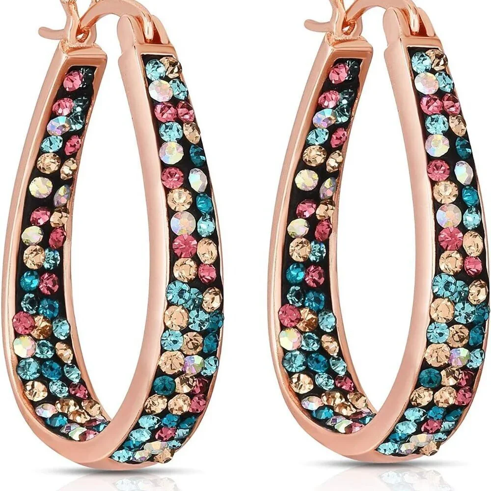 Inside Out Crystal Hoop Earrings Brass Gold Plated Hypoallergenic Gift for Women